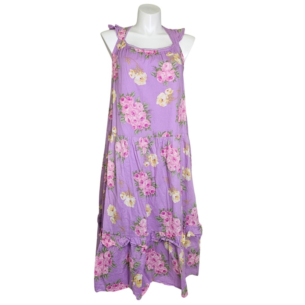 Betsey Johnson Purple Floral Rose Cotton Tiered Maxi Sundress Dress XL
